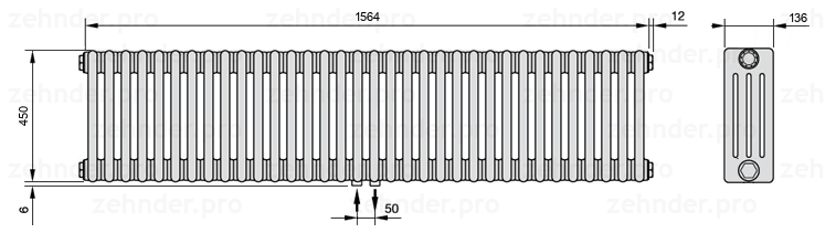 Схема (чертеж) Радиатор Zehnder Charleston 4045/34 №3470 Белый глянцевый RAL 9016